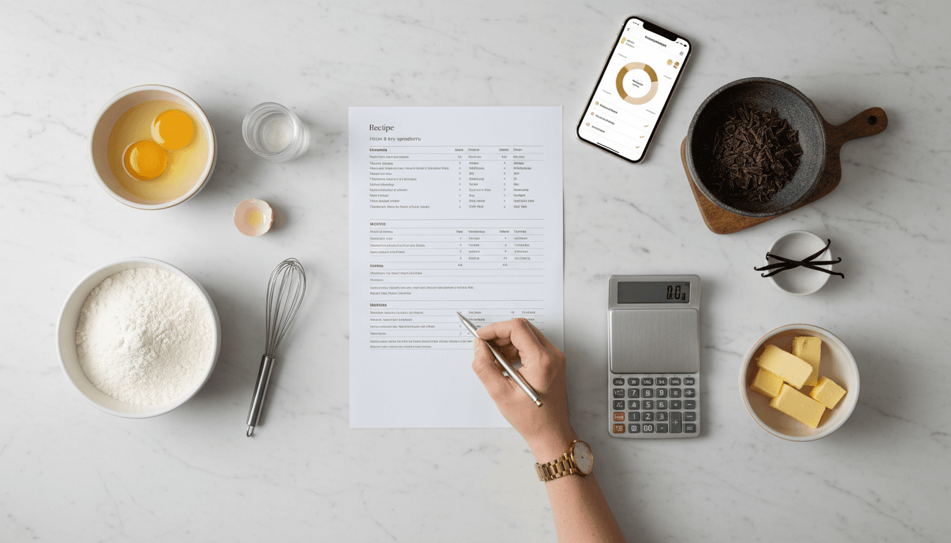 Confeiteira calculando custos de receita