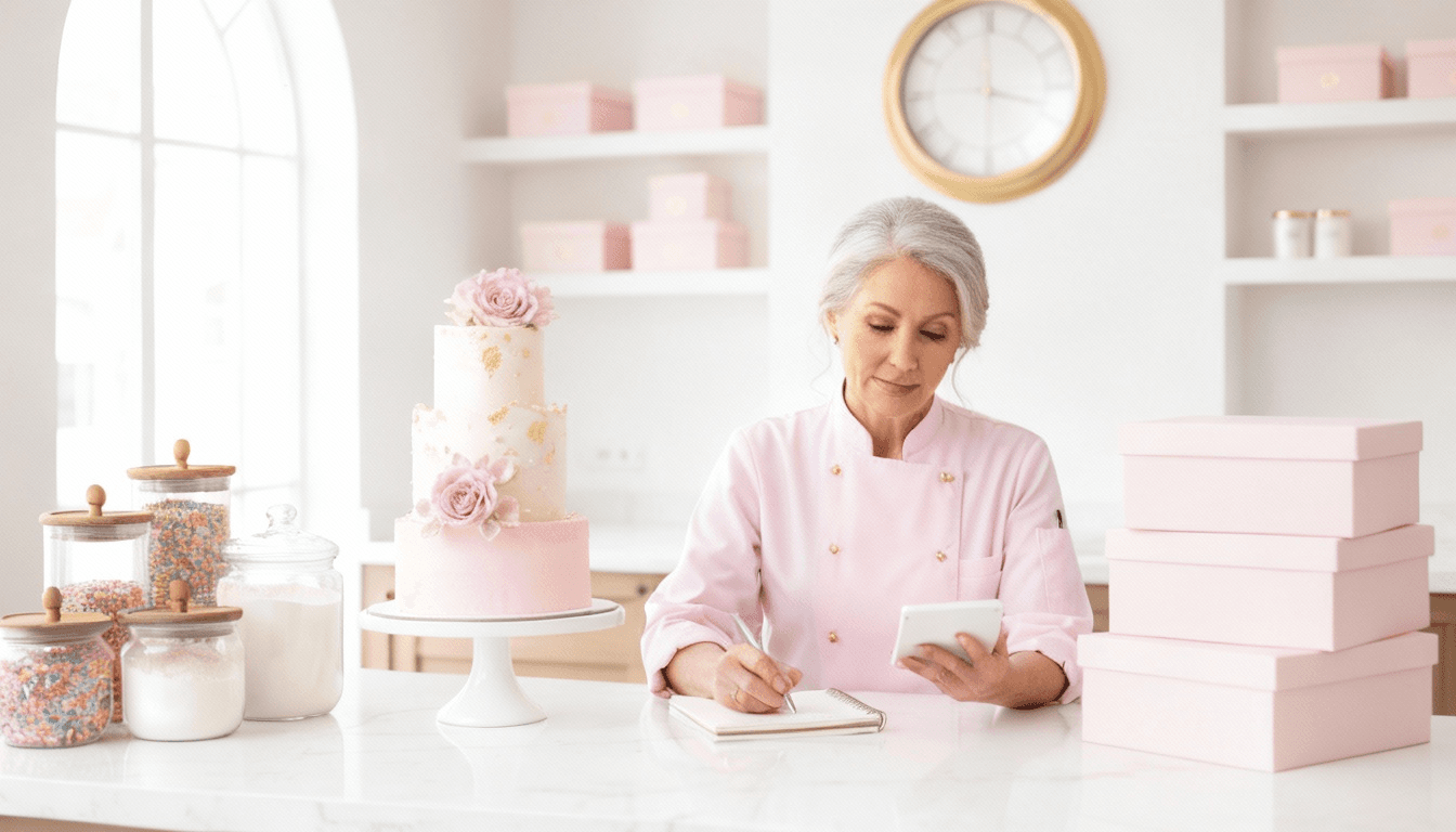 Confeiteira calculando preços de bolos e doces